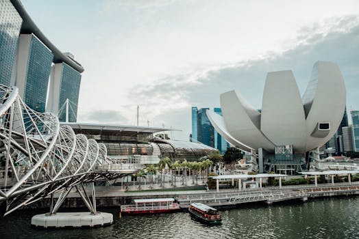 A stunning view of Marina Bay Sands and Helix Bridge, showcasing modern architecture in Singapore's cityscape.